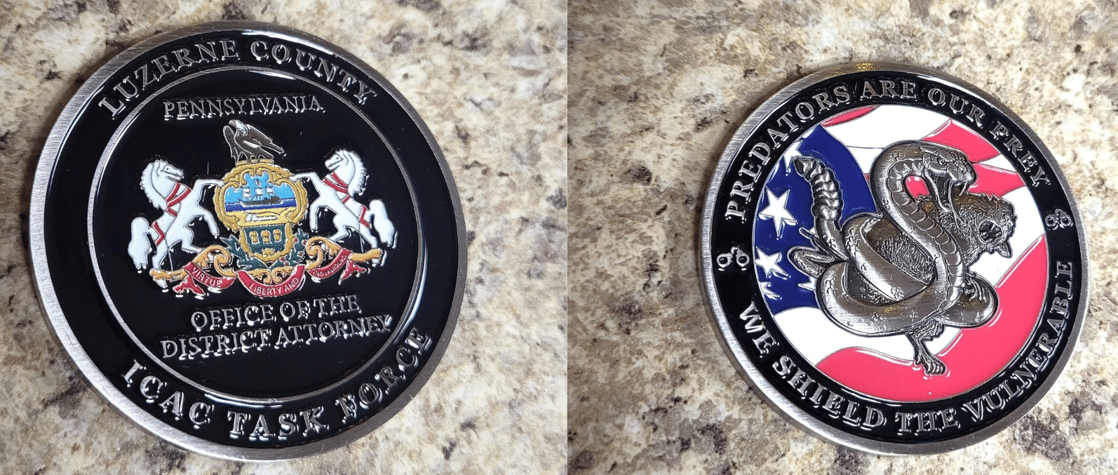 Front and back of a challenge coin from the Luzerne County Office of the District Attorney’s Internet Crimes Against Children Task Force.